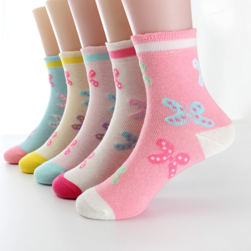 5 pairs/lot Spring Autumn Girls Socks Cotton Butterfly Candy Color Socks For Girls 3- 12 Year Children Socks