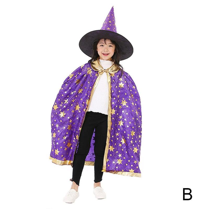 Halloween Mantel Kinderen Prestaties Kostuum Kleine Tovenaar Vijf-sterren Heks Mantel Cosplay Pak Hoed O1U7: B