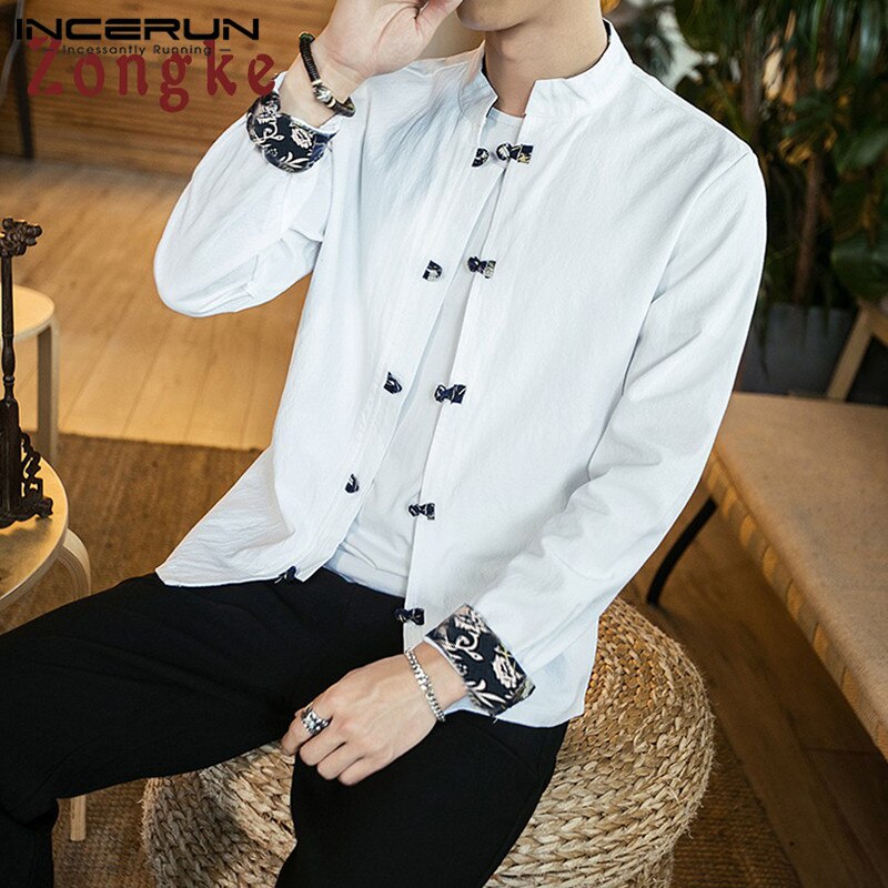 Incerun vintage heren overhemd katoen lange mouw effen mandarijn kraag streetwear camisa chinees traditioneel casual heren overhemd