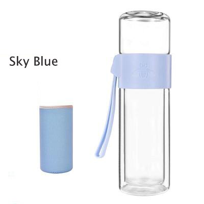 Kontor forretning glas vandflaske bærbar dobbeltvægs glas teflaske med te-infuser gennemsigtig glasflaske: Himmelsblå tilføj dækning