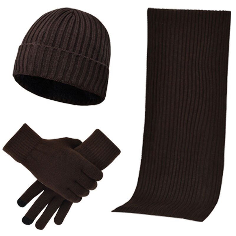 3 pice / sæt varm strikket tørklæde handsker hat sæt kvindelig cirkel hals skærm touch finger temperament varm beanie tørklæder handske bomuld: Kaffe