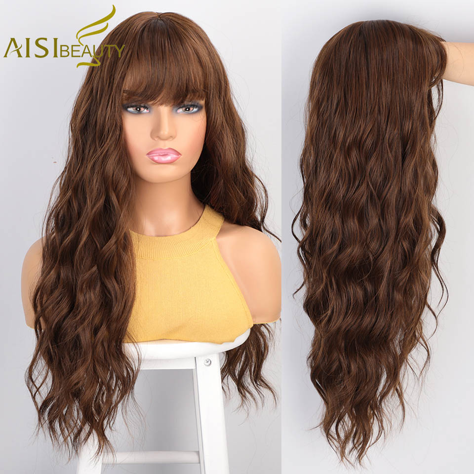 AISI Beauty Long Water Wave Synthetic Wigs with Bangs Mix Brown Wig for Women Pink Red Black Heat Resistant Hair