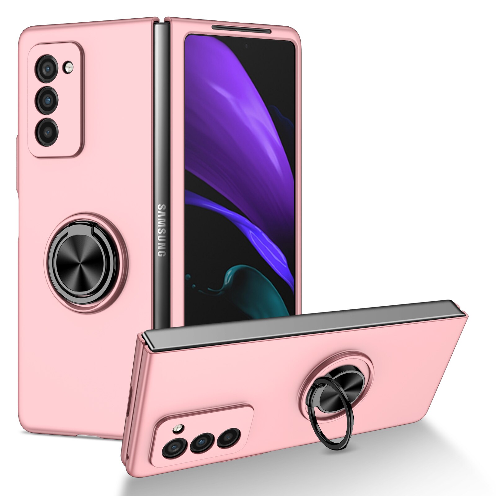 Odporny na wstrząsy metalowy pierścień Kickstand Case do Samsung Galaxy Z Fold 2 Fold2 5G Fold 3 Fold3 antypoślizgowa precyzyjna wycinanka pokrywa Capa: for Samsung Z Fold 3 / Różowy