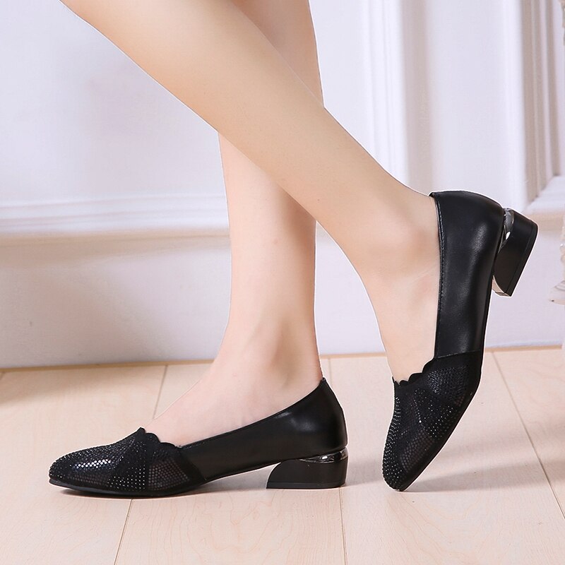 Plus Size 41 Bling Women Shoes Low Heels Dress Shoes Black Office Work Shoes Woman Shallow Single Shoes Gold Heeld Crystal N7855