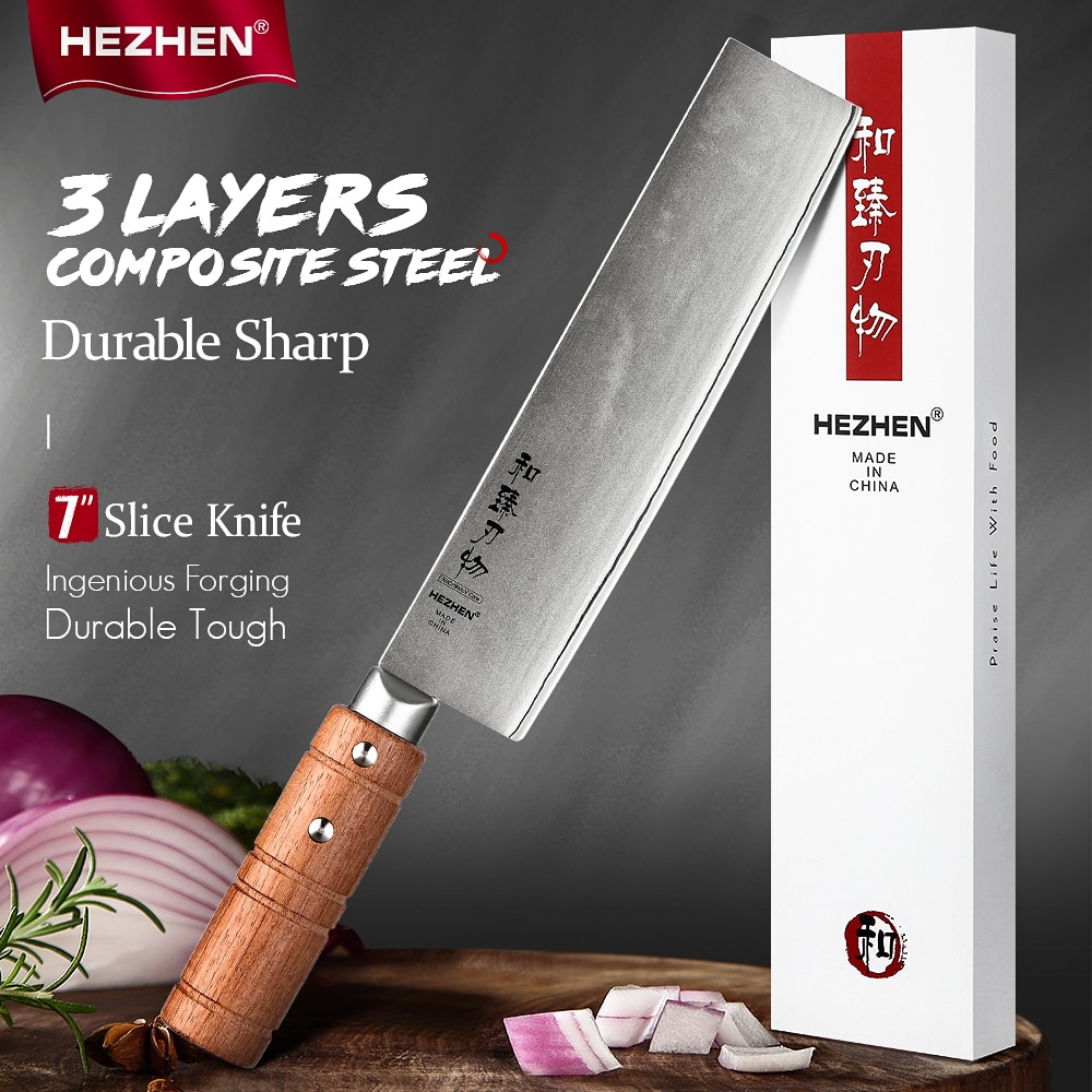 HEZHEN 7 Inches Slice Knife Prefessional 3-Layer Composite Stainless Steel kitchen knives Cutting Meat Cook Knife