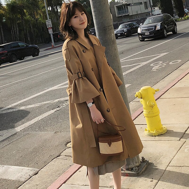 Lanmrem herfst trenchcoat dames turn-down kraag flare mouwen taille riemen windjack dames los  ef40000m twee kleuren