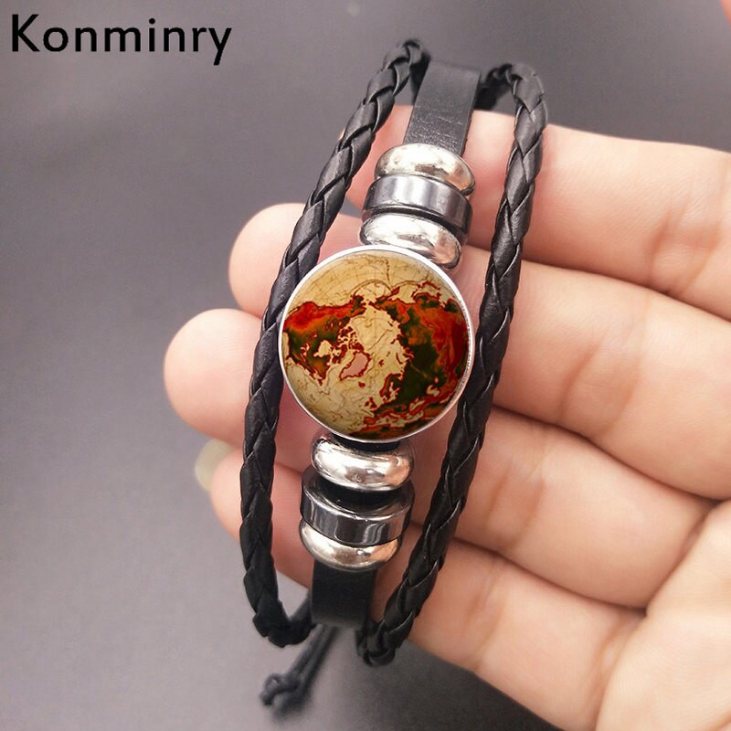 Vintage World Map Globe Leather Rope Bracelet Glass Dome Buttons Africa Bangle For Women Men Jewelry