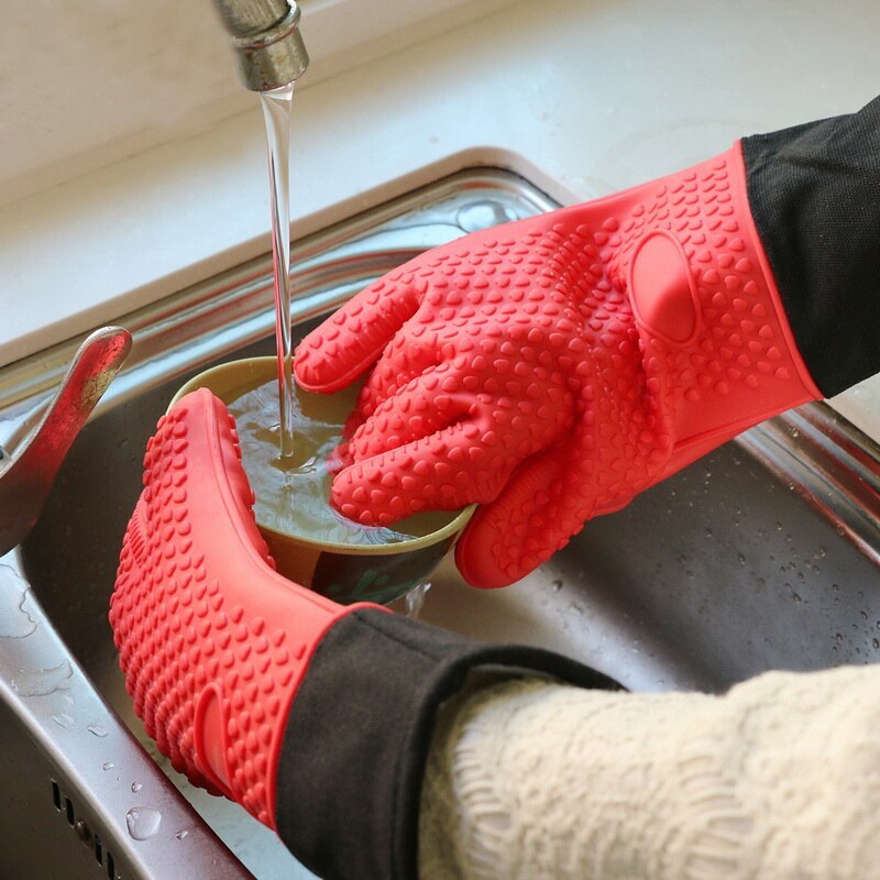 2 uds guante de silicona resistente al calor grueso BBQ Grill guantes cocina impermeable horno manoplas de cocina Grill hornear guantes