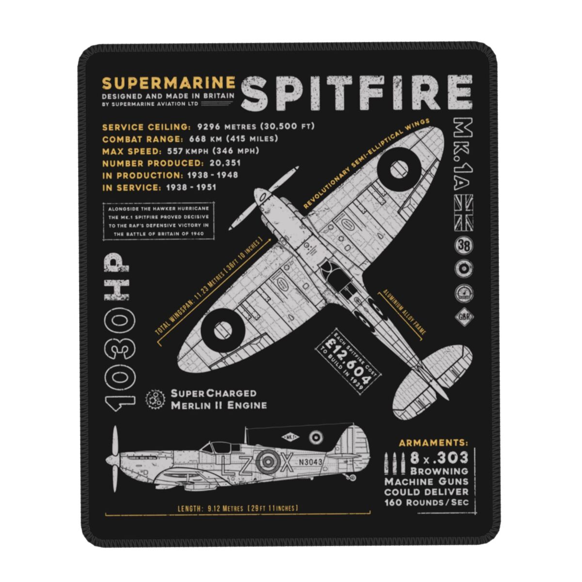 Alfombrilla de ratón para juegos Supermarine Spitfire, alfombrilla de goma antideslizante para ratón, piloto de combate, avión, decoración de oficina, alfombrilla para mesa de ordenador