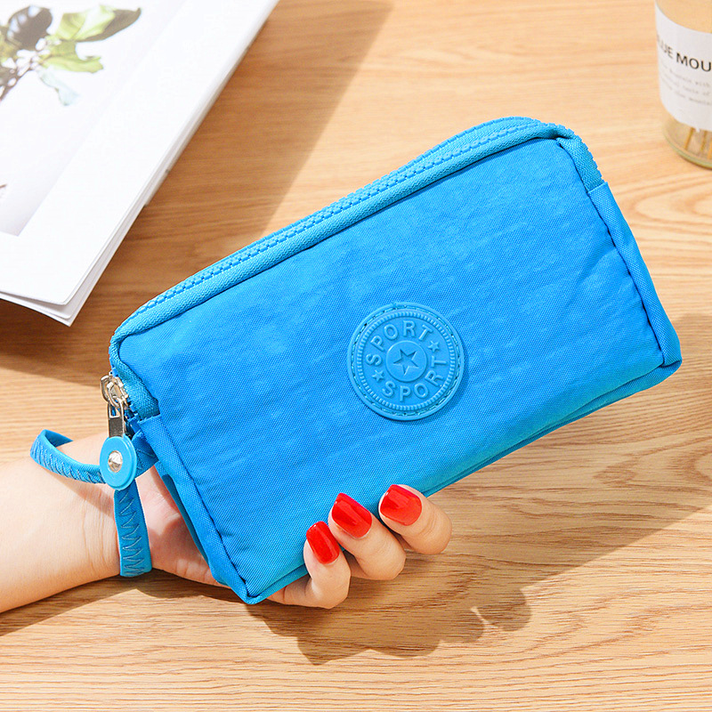 Women Canvas Wallet Clutch Bag Lady Coin Purse Phone Bag Three-layer Zipper Big Capacity Handbag Makeup Bag: Sky Blue