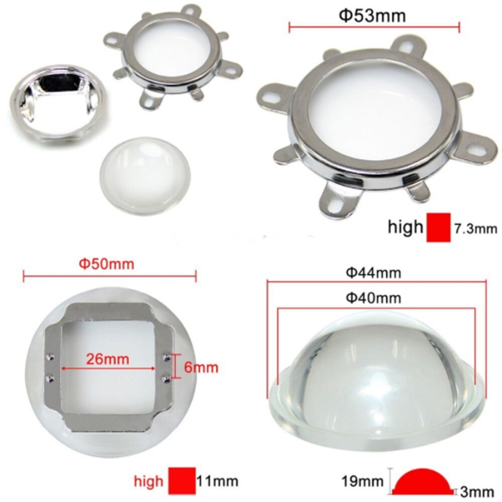 44mm linser + reflektor kollimator + fast beslag 60/90/120 grader til 20w 30w 50w 100w led chip