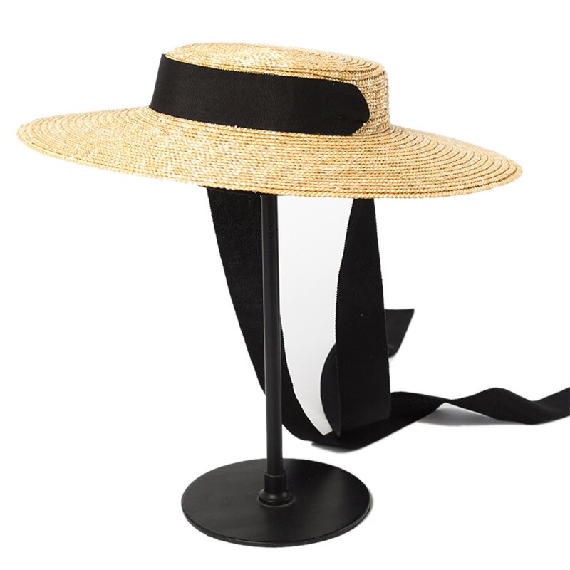 Wide brim boater hat 15cm brim stråhatt flat kvinner kentucky derby hat bånd slips solhatt beach cap: Svart