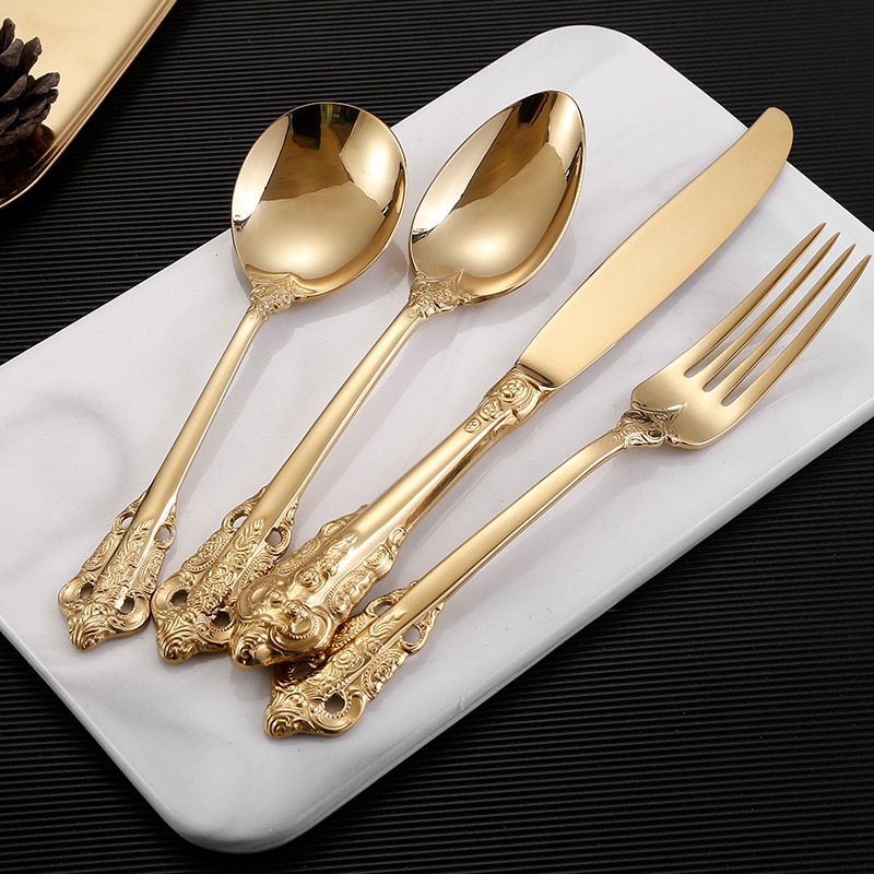 Juego de cubiertos dorados, cuchillo, tenedor, cuchara de acero inoxidable 18/10, tenedores, cuchillos, cucharas, juego de vajilla de cocina