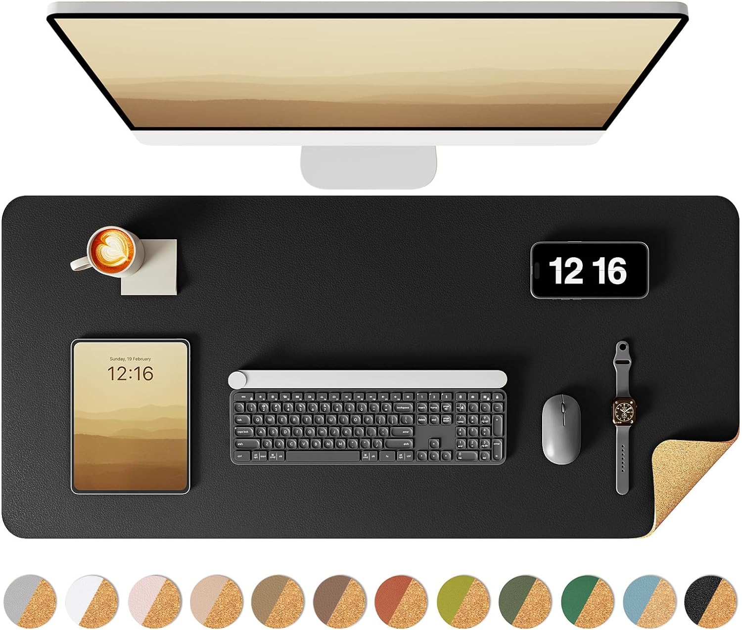 Xxl-doppelseiten-schreibtischunterlage, schreibtischschutz aus öko-kork, schreibtischmatte aus leder, großes mauspad, wasserfeste schreibtischunterlage für büro/zuhause: 90 x 45 cm / Schwarz