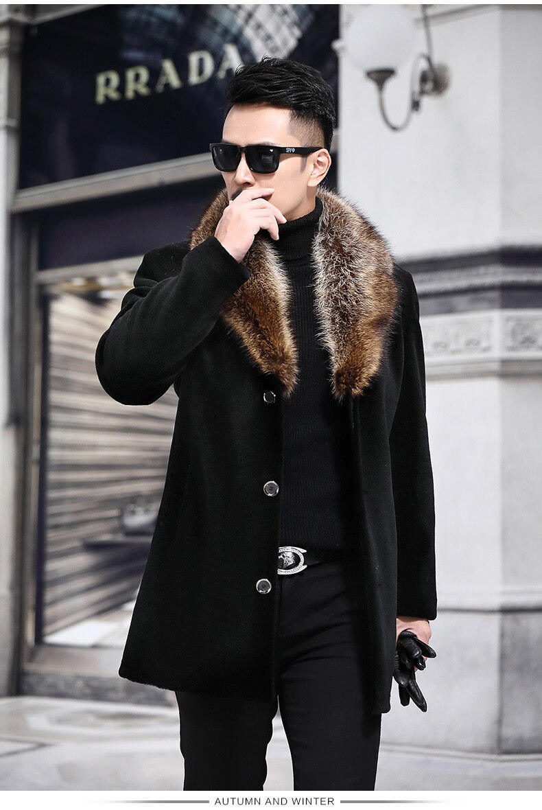 Big Fur Windbreaker Jacket Men Black Long Overcoat Mens Trench Coat Casual Slim Fit Wool Blends Jackets and Coats Outwear 5XL