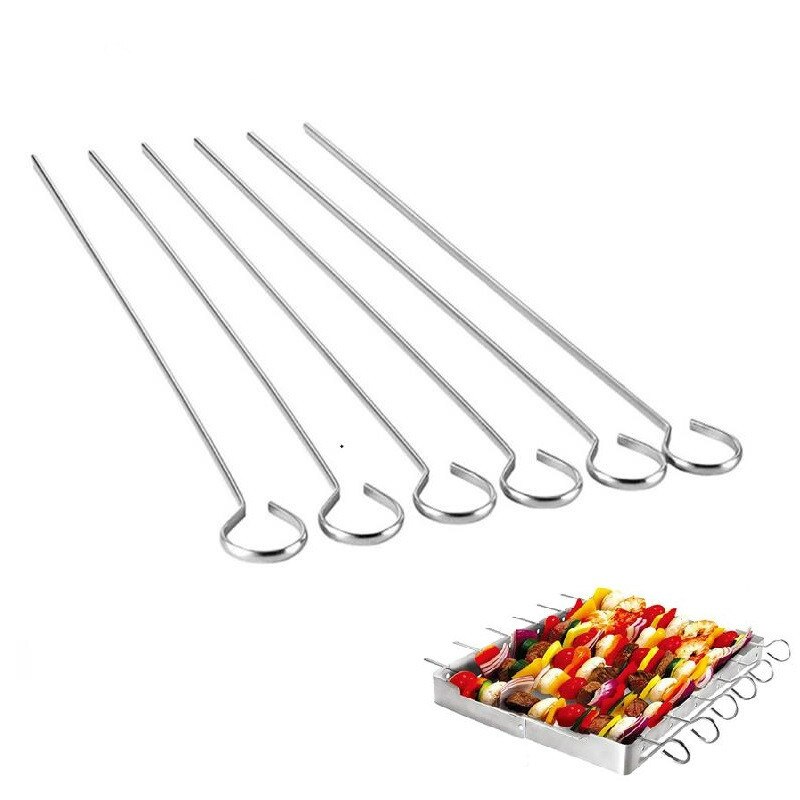 12.5'' 31.8cm Barbecue Sticks Metal BBQ Skewer Steel Flat BBQ Kebab Skewers Ring Handle Food Stickers BBQ Accessories 6/10/12pcs