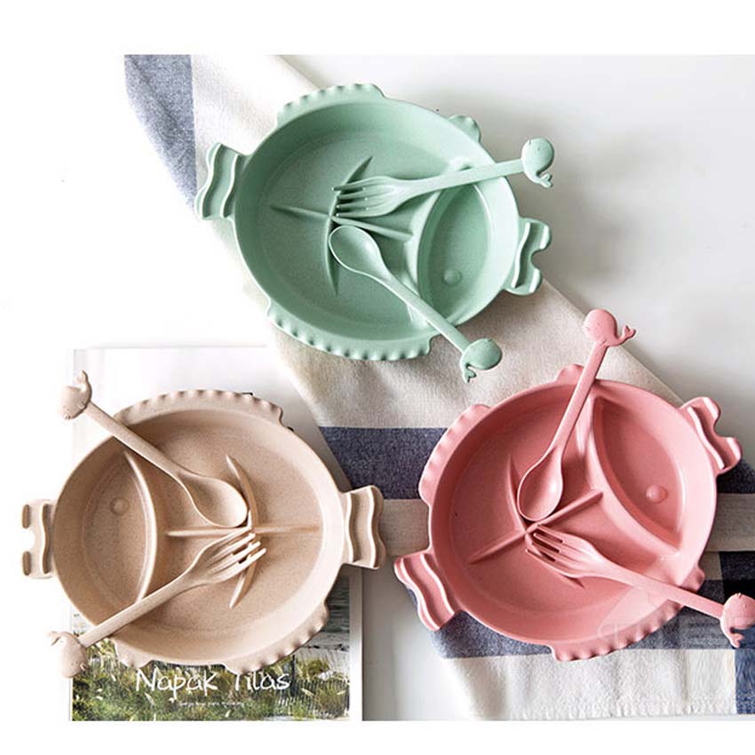 3Pcs Baby Feeding Dishes Set Bowl Plate Forks Spoon Kids Dinnerware Wheat Fiber Children's Tableware BPA free Eco Friendly