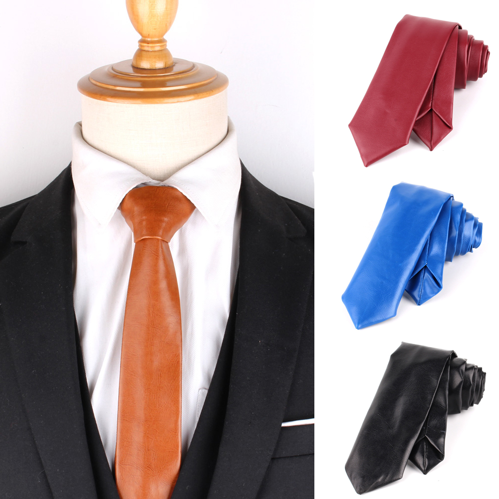 Tynde mænds slips casaul pu leater hals slips til bryllup forretningstøj solid slips til mænd kvinder slank leater mand slips gravatas