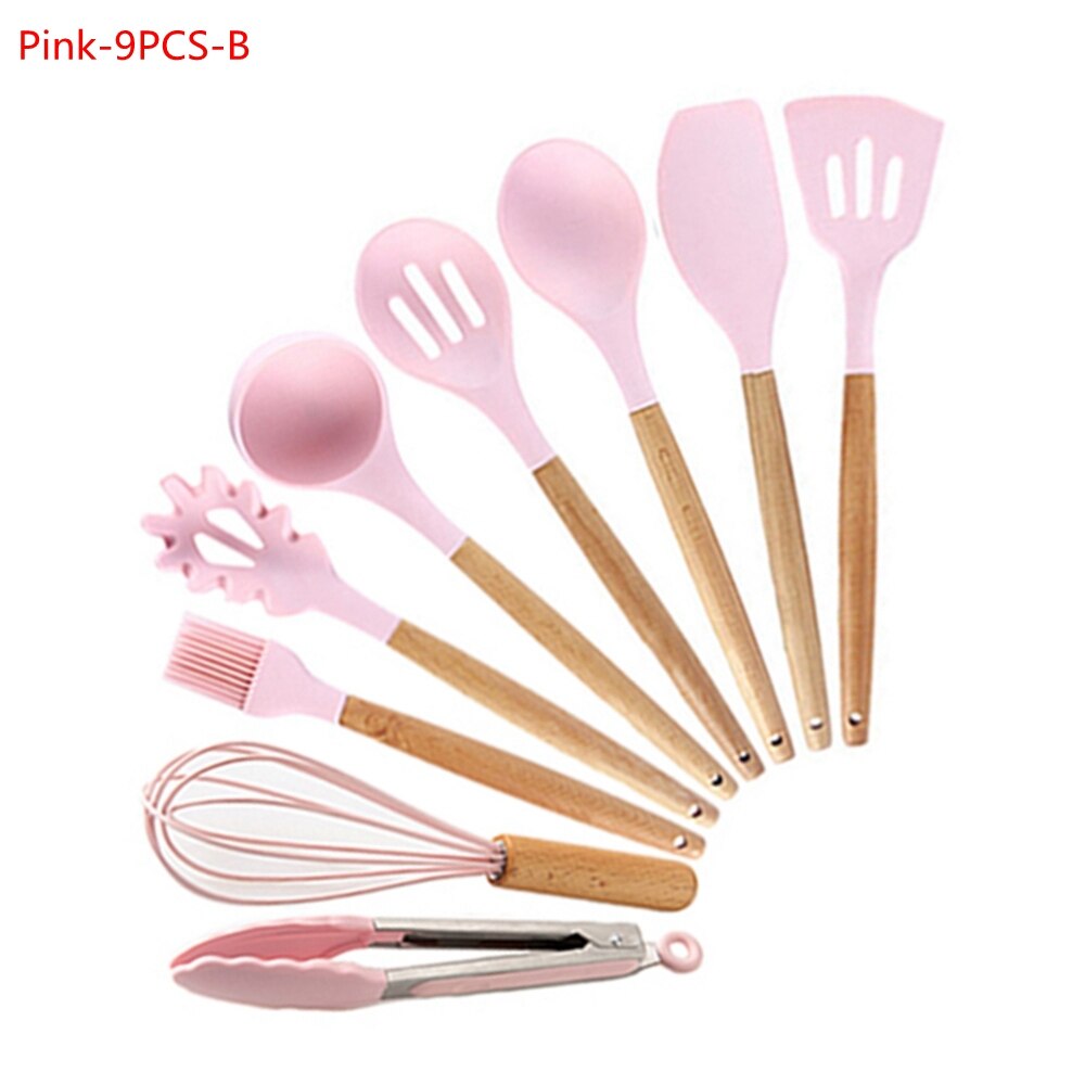 9/11Pcs Silicone Cooking Utensils Set Non-stick Spatula Shovel Wooden Handle Cooking Tools Set Kitchen Tools: 9Pcs-B Pink