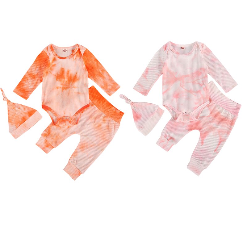 FOCUSNORM Tie-Dye Printed Baby Girls Boys Sleepwear Sets Long Sleeve Button Romper Tops Pants Trousers Hats