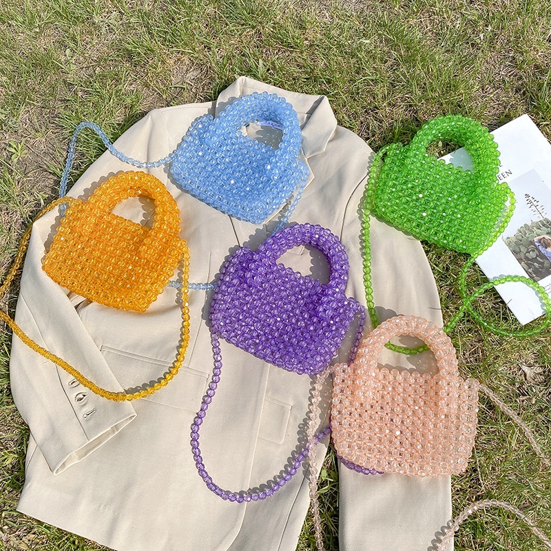 Transparent Crystal Glass Pearl Bags Women Handmade Handbag Bling Hollow Clear Top Handle Hand Bags Summer Beach Party Purse Bag