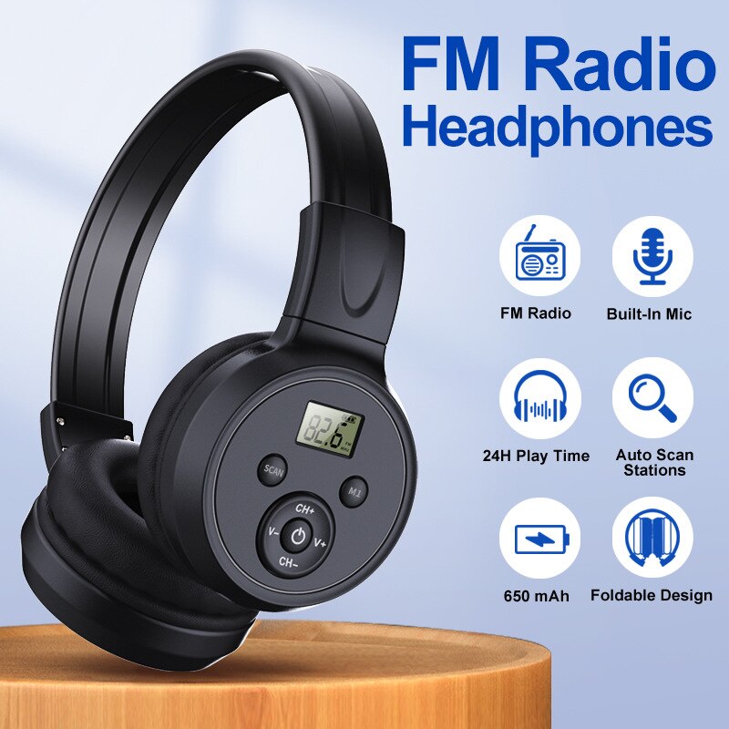 Portable FM Radio 50-108MHZ Radio Receiver Foldable Headphones Built-in Mic Support Auto Scan& Store Station with AUX Cable