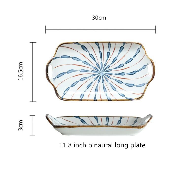 Japanese blue water drops Dinner Plate Set Ceramic Kitchen Plate Tableware Set Food Dishes Rice Salad Noodles Bowl Soup: 11.8inch long palte