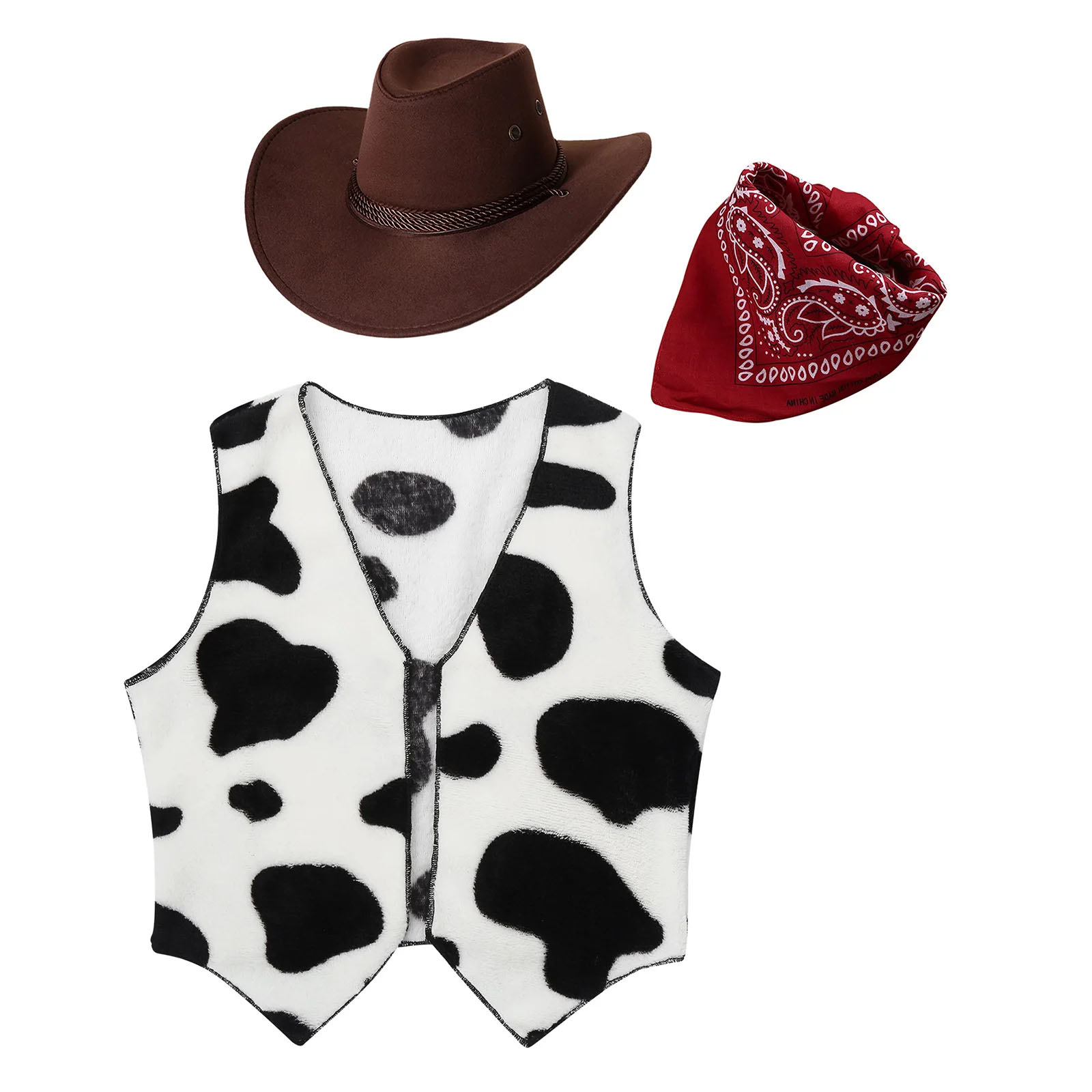 Wild West Cosplay Cowboy Cowgirl Costume Halloween Dress Up Clothes Fringe Sleeveless Vest with Bandanna Hat Set