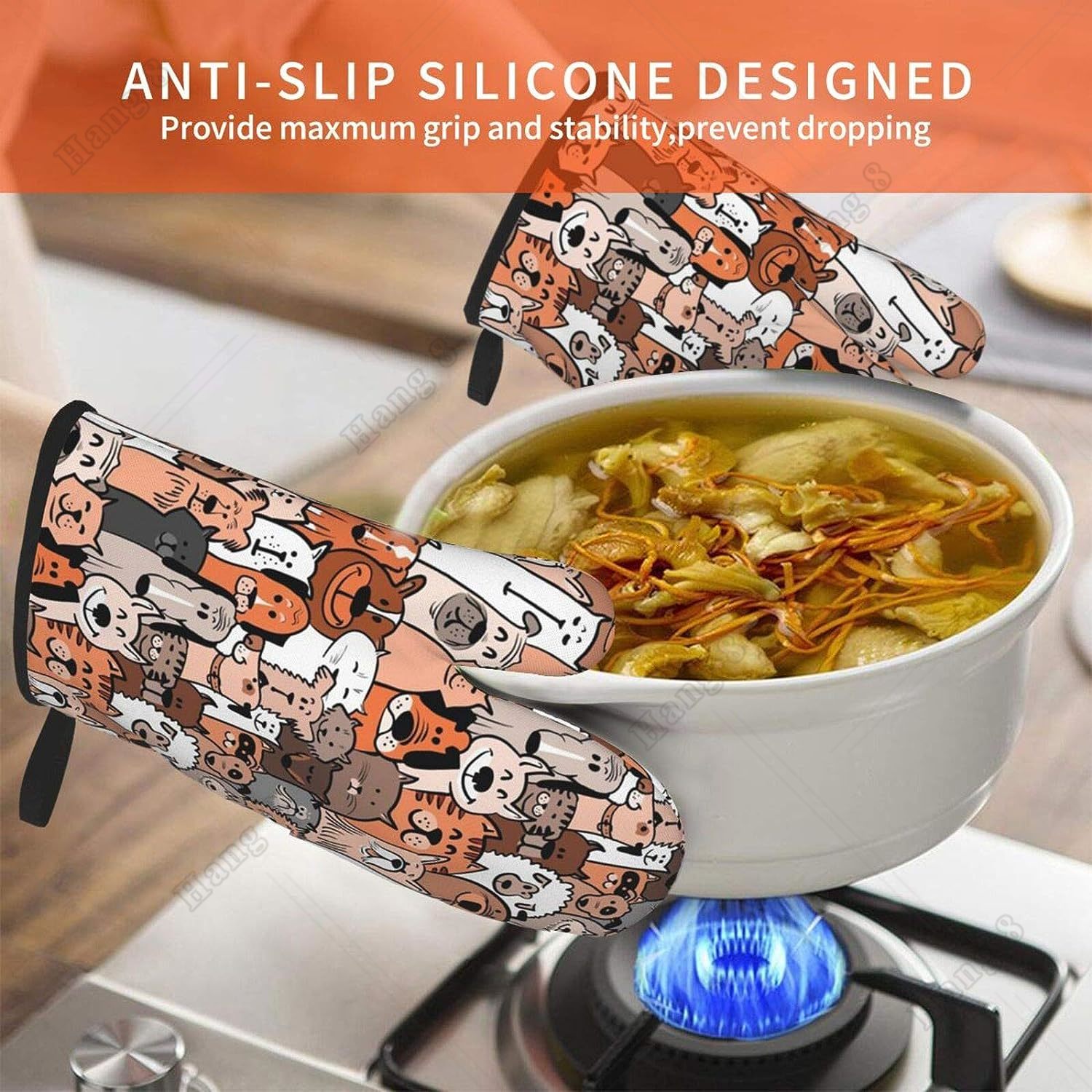 Rękawice kuchenne z nadrukiem gryzmolić dla kotów i psów Odporne na ciepło wodoodporne rękawice kuchenne z wewnętrzną warstwą bawełnianą robić gotowania, grillowania i pieczenia