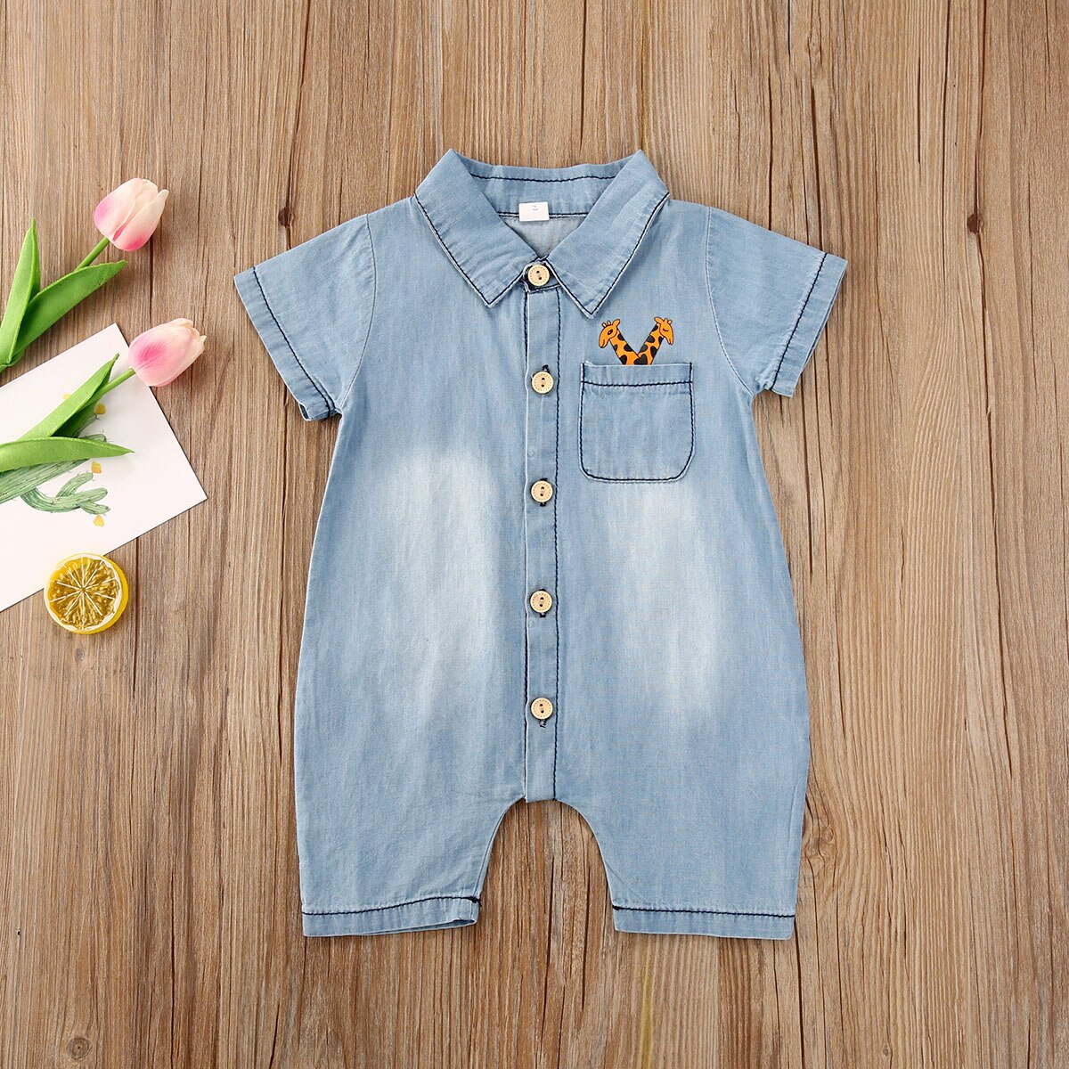 0-18M Neugeborenen Baby Jungen Denim Strampler Tier Kurzarm Drehen Unten Kragen Sommer Overalls Kleidung