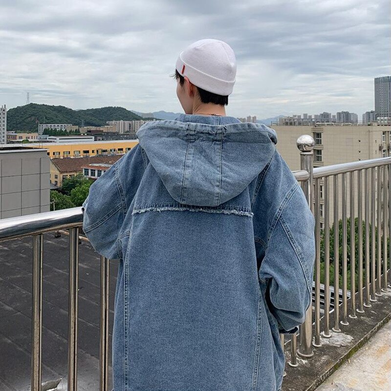 Autumn Hooded Denim Jacket Men's Retro Casual Thick Denim Jackets Mens Streetwear Loose Hip-hop Bomber Jacket Men M-2XL