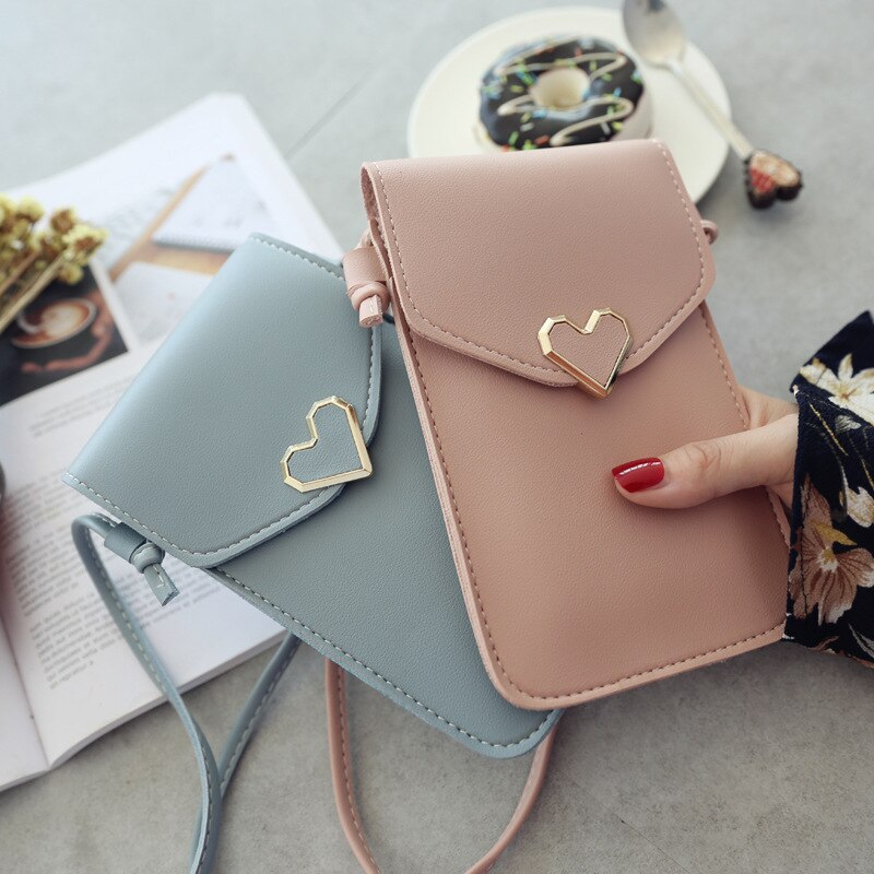 Women Heart-shaped Transparent Screen Mobile Phone Bag Mini Messenger Bags Lady Handbag and Purses Small Phone Bag