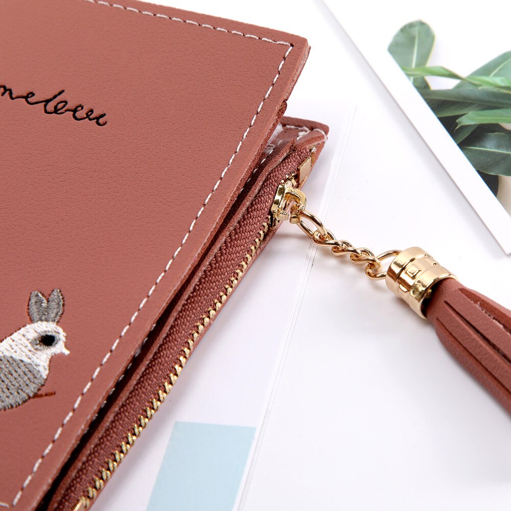 Damen-geldbörse mit fuchs- und katzenmotiv, kurze geldbörse mit quaste, münzfach, kartenhalter, handtasche, rosa, grün, schwarz, grau, damen-geldbörsen und -portemonnaies, carteira  #t20