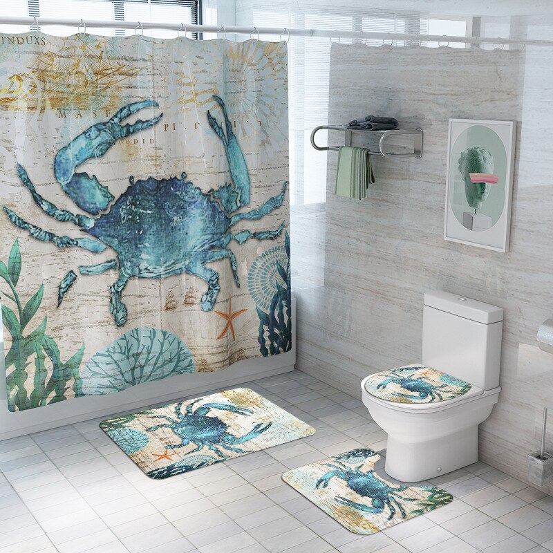Printing Animal Bath Mat and Shower Curtain Set Absorbent Toilet Mat Bathroom Carpet Non-slip Foot Mat Microfiber Bath Mat