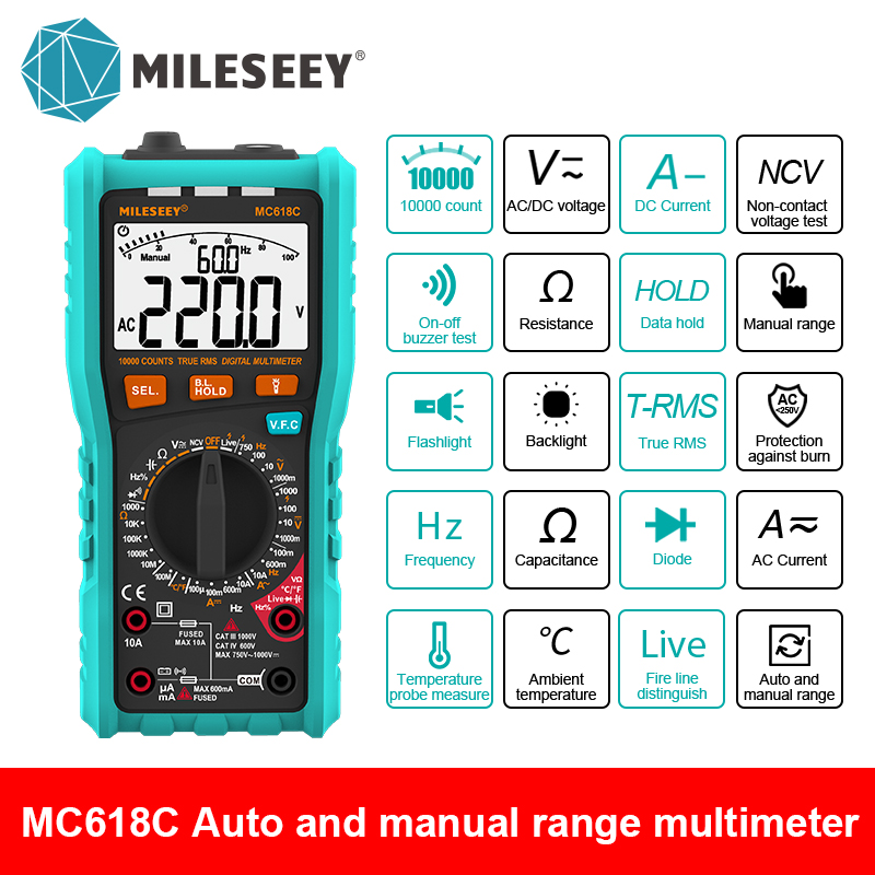 Mileseey Ncv Multimeter Digitale Klem 1000 Telt Fout Alarm Voltage Capaciteit Ohm Diode Multimetro Auto Range Multimeter: MC618C