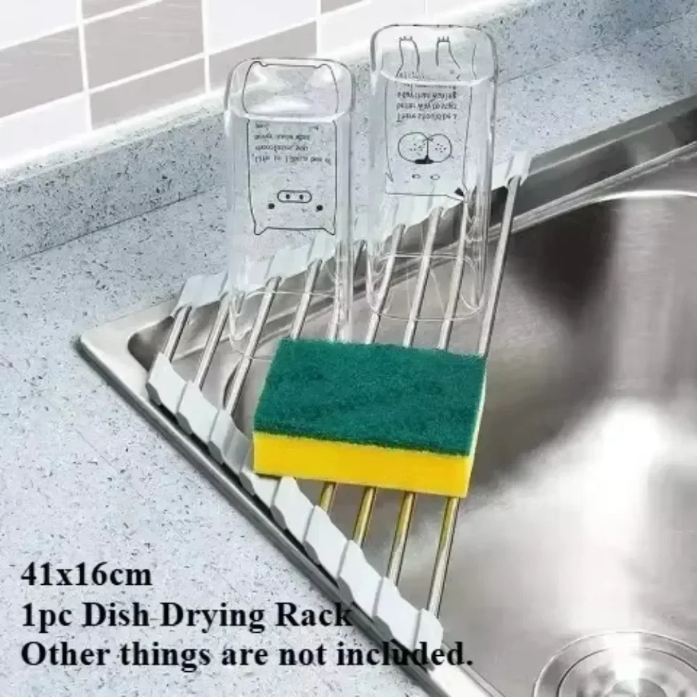 Roll Up Triangle Dish Drying Rack Kitchen Sink Organizer Corner Over The Sink Sponge Rag Holder Foldable Stainless Steel Drainer