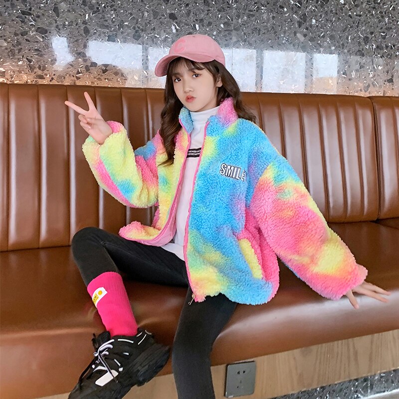 Regenboog Wol Blends Voor Meisjes Winter Kinderen Kasjmier Top Kerst Tiener Fleece Thicken Jacket Kids Kleding Bovenkleding 4-14 jaar