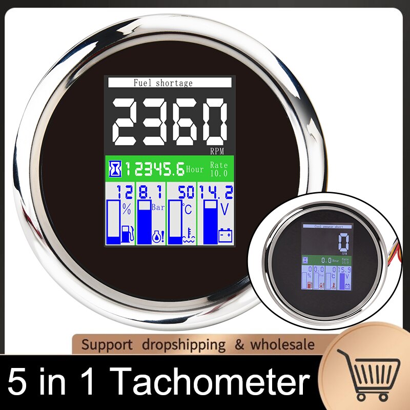 85mm TFT 5 in 1 Multi-functional Gauge Digital Tachometer 9-32V Hours Fuel Level Water Temp Oil Pressure Meter 0~9999 RPM Alarm