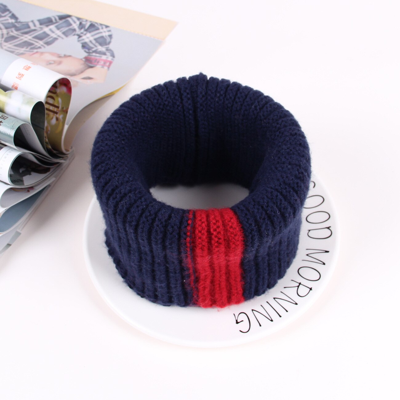 Gebreide halssjaal meisjes dikke warmere fleece binnenkant winter effen snood sjaal wol elastische kinderen kraag ring sjaals: Marineblauw