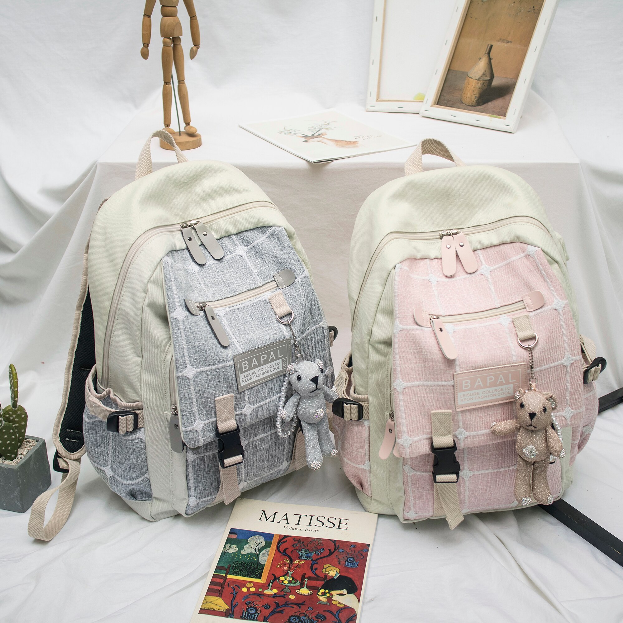Grote rugzak voor dames van canvas, 15.6 inch, voor de middelbare school, met usb-oplaadpoort, lichtgewicht reistas voor dames