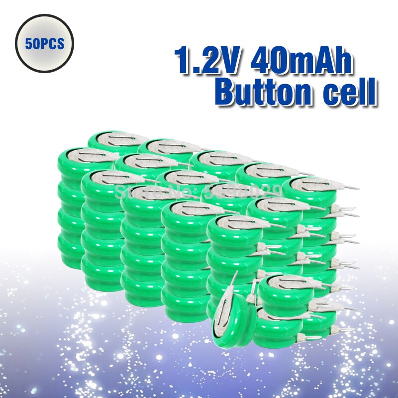 10-100pc Button Coin Cell Battery 1.2V 40mAh Ni-MH Rechargeable Battery With Solder Pins for watch toy timer solar energy: 50pcs