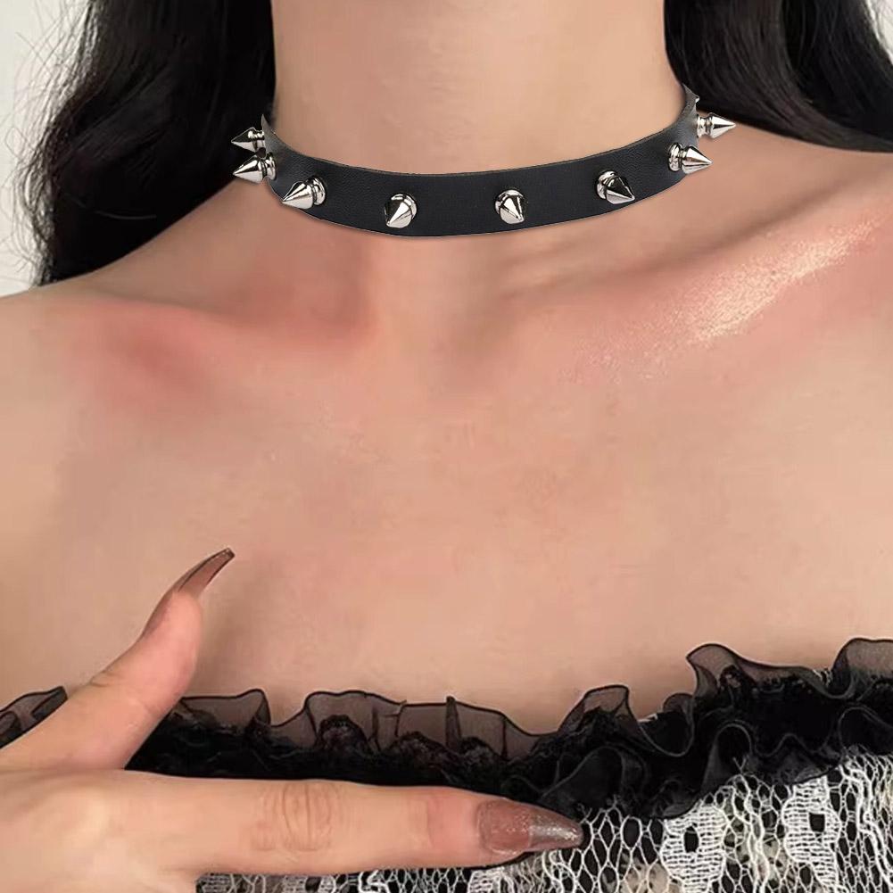 Gargantilla de cuero PU negro para mujeres y hombres, Gargantilla de motociclista con punta gótica Punk, Collar de cuero PU con tachuelas, Collar de Rock