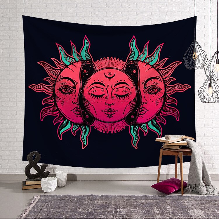 Vintage sol og måne indisk mandala gobelin væghængende hippie sengetæppe sigøjner kunstindretning boheme strandmåtte 95 x 73cm: -en