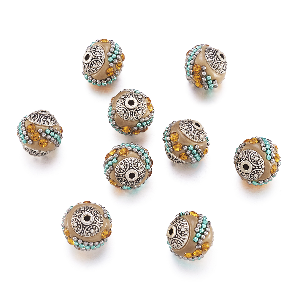 10 peças 14-15mm contas redondas soltas feitas à mão indonésia para fazer jóias pulseira diy com núcleos de liga banhados a prata antiga: Branco