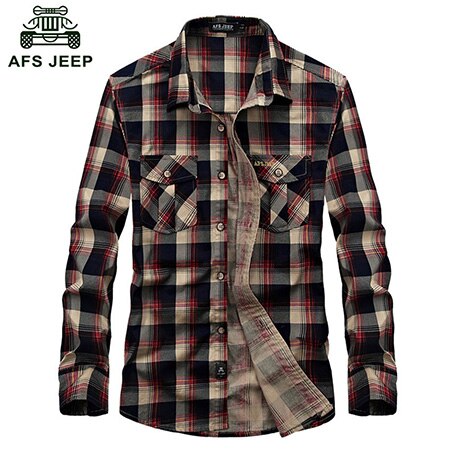 AFS Jeep hombres de manga larga camisa a cuadros Bata Multi bolsillos abrigo otoño algodón hombres camisa delgada z73: red / L Asian 175cm 70kg