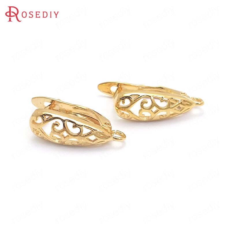 (37204)6 uds. De latón dorado con patrón de 17MM y 24K rizado en forma de gota, pines de pendientes, aretes, corchetes, fabricación de joyas, suministros