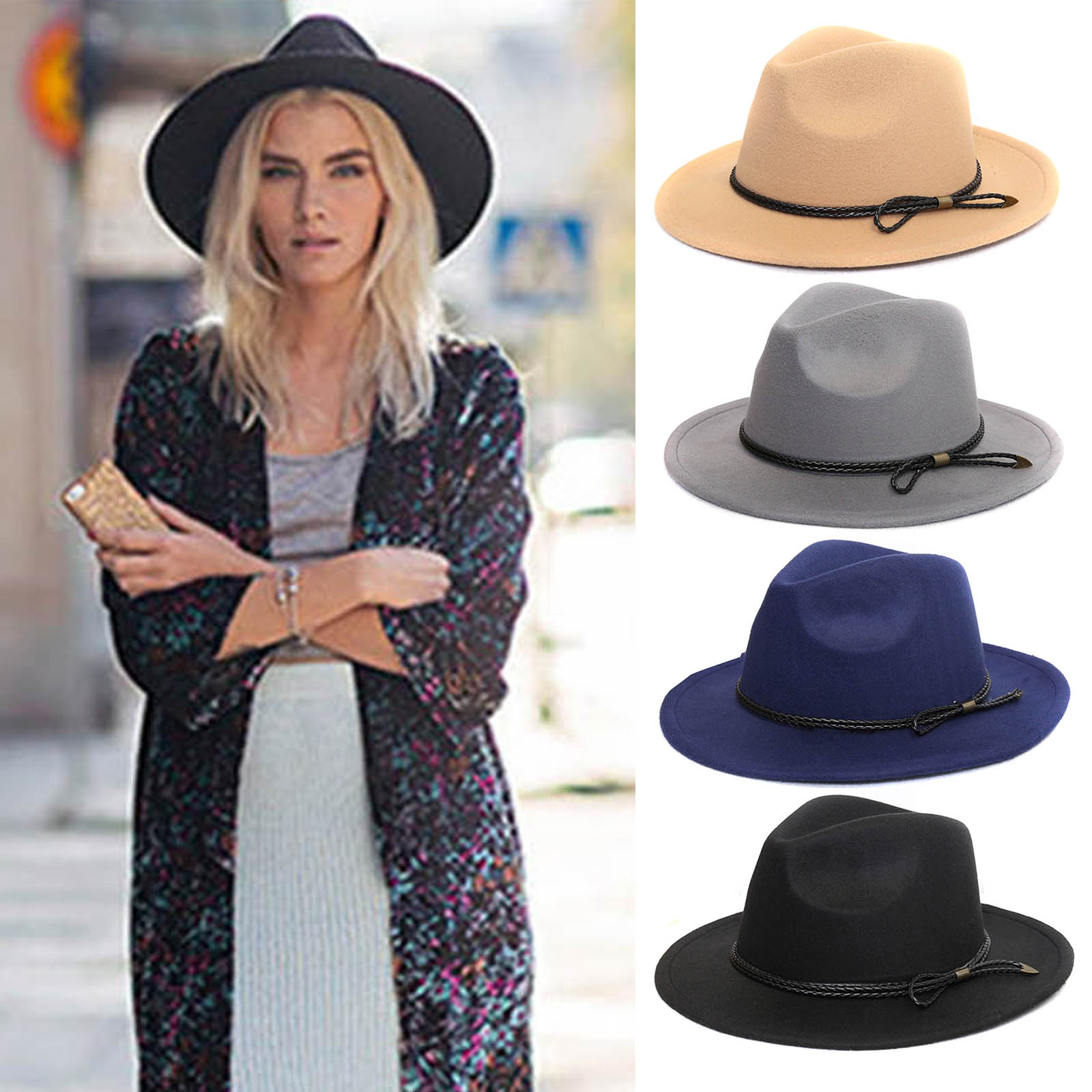 Sombrero de lana con cinturón de borde ancho para mujer, gorro estilo Retro,