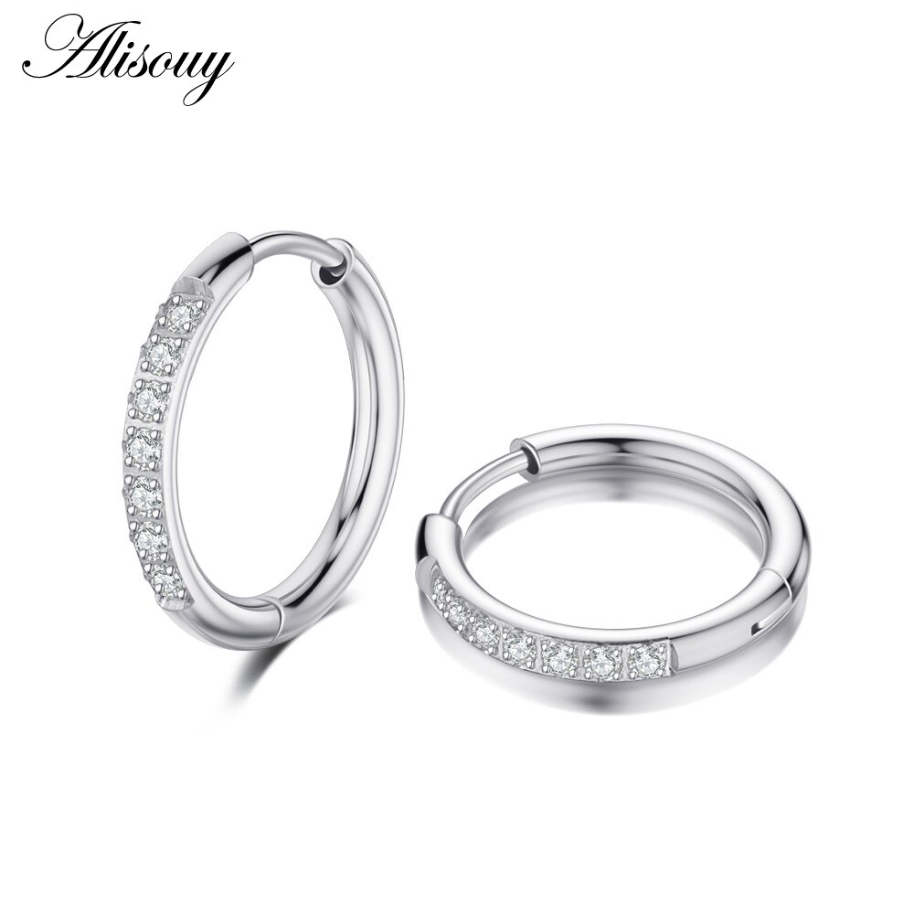 Alisouy 2Pcs Rvs Zirconia Crystal Kleine Ronde Cirkel Clip Huggie Vrouwen Mannen Hoepel Oorbellen Oor Helix Piercing Sieraden: EM1463A Steel Color / 10mm