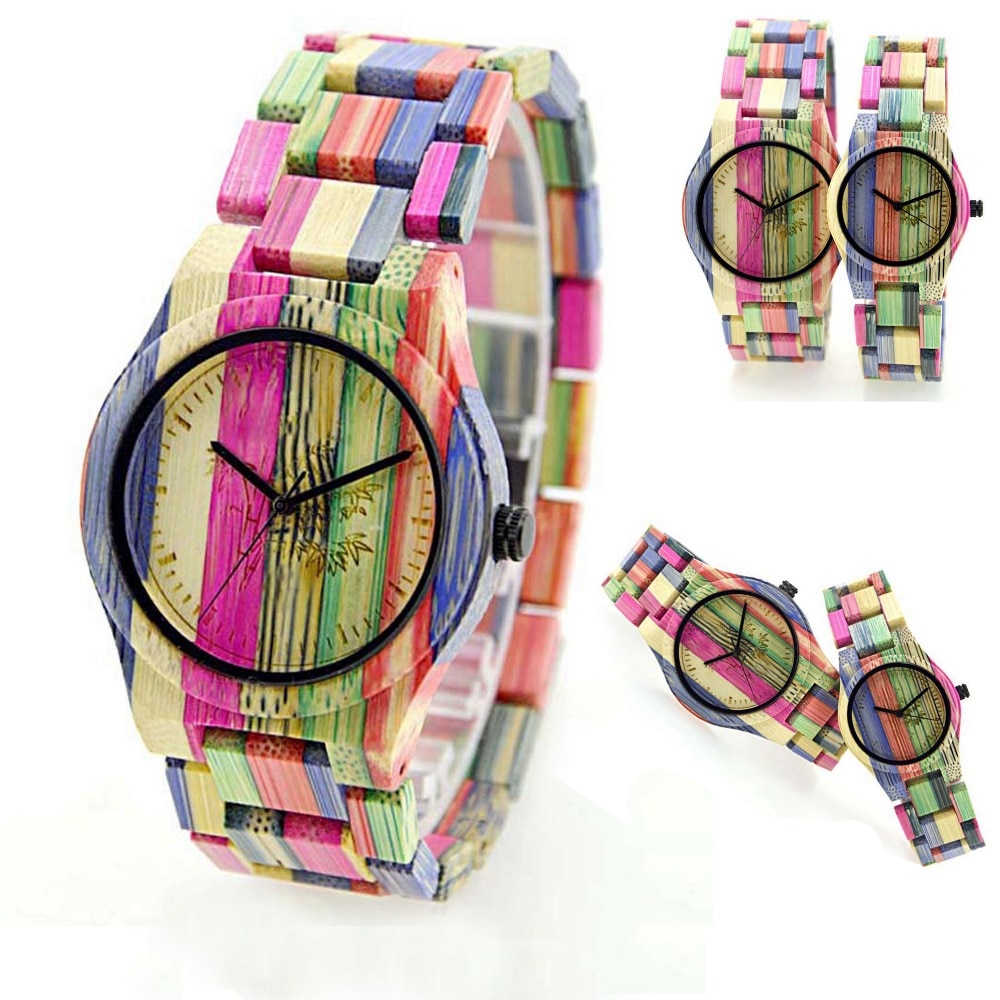 Vrouwen regenboog houtnerf horloge vrouwen houten polshorloge quartz houten horloges relogio feminino relojes voor mannen vrouwen