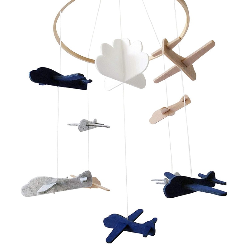 Crib Mobile Airplanes & Cloud Nursery Decoration Grey and White, Navy Blue, Tan Baby Crib Mobile for Boys